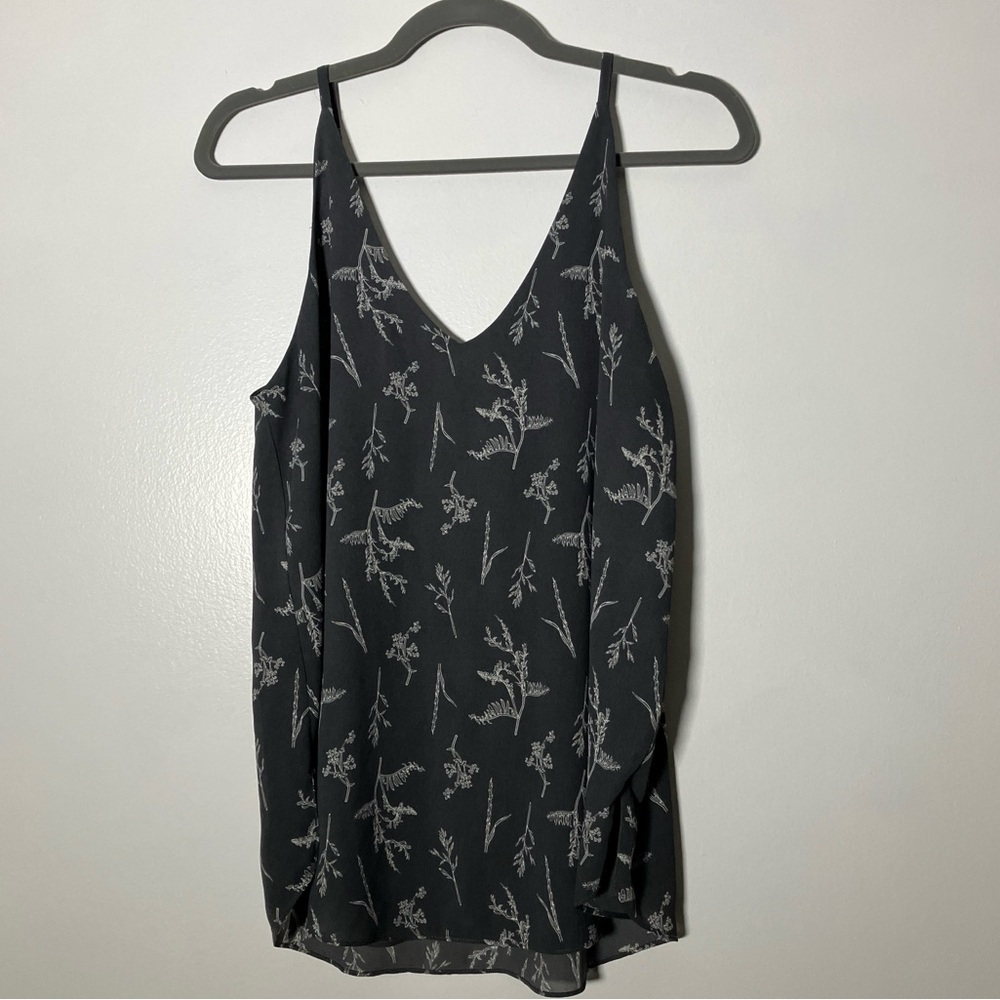 kismet tank top v-neck sleeveless blouse spaghetti strap botanical print gray